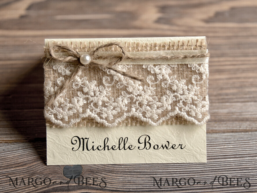 PLACE CARDS / TABLE CARDS Rustic Eco Wedding Place cards Rustic Ivory Wedding Place Cards, Elegant Lace with Burlap Twine, Elegant Wedding Stationery, Romantic Wedding Place Cards, Rustic Escort Cards, Editable Text
