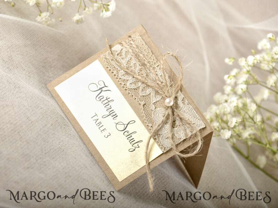 PLACE CARDS / TABLE CARDS Rustic Eco Wedding Place cards Shimmer Ecru Eco Wedding Place Cards, Rustic Place Cards, Lace and Burlap Twine Wedding Name Cards with Pearl Decor, Eco Rustic Name Tags, Editable Text