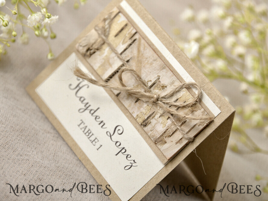 PLACE CARDS / TABLE CARDS Rustic Eco Wedding Place cards Eco Wedding Place Cards with Bark and Burlap Twine, White and Brown Name Tags, Rustic Wedding Stationery, Elegant Wedding Place Cards, Rustic Escort Cards