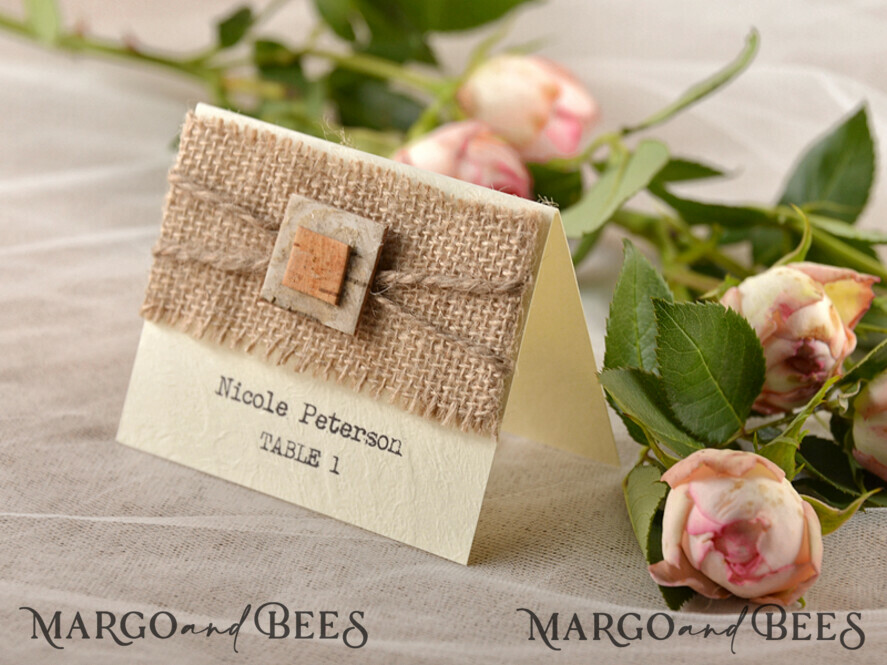 PLACE CARDS / TABLE CARDS Rustic Eco Wedding Place cards Rustic Ivory Wedding Place Cards, Wedding Name Tags with Natural Burlap and Twine, Elegant Wedding Stationery, Simple Wedding Place Cards, Editable Text