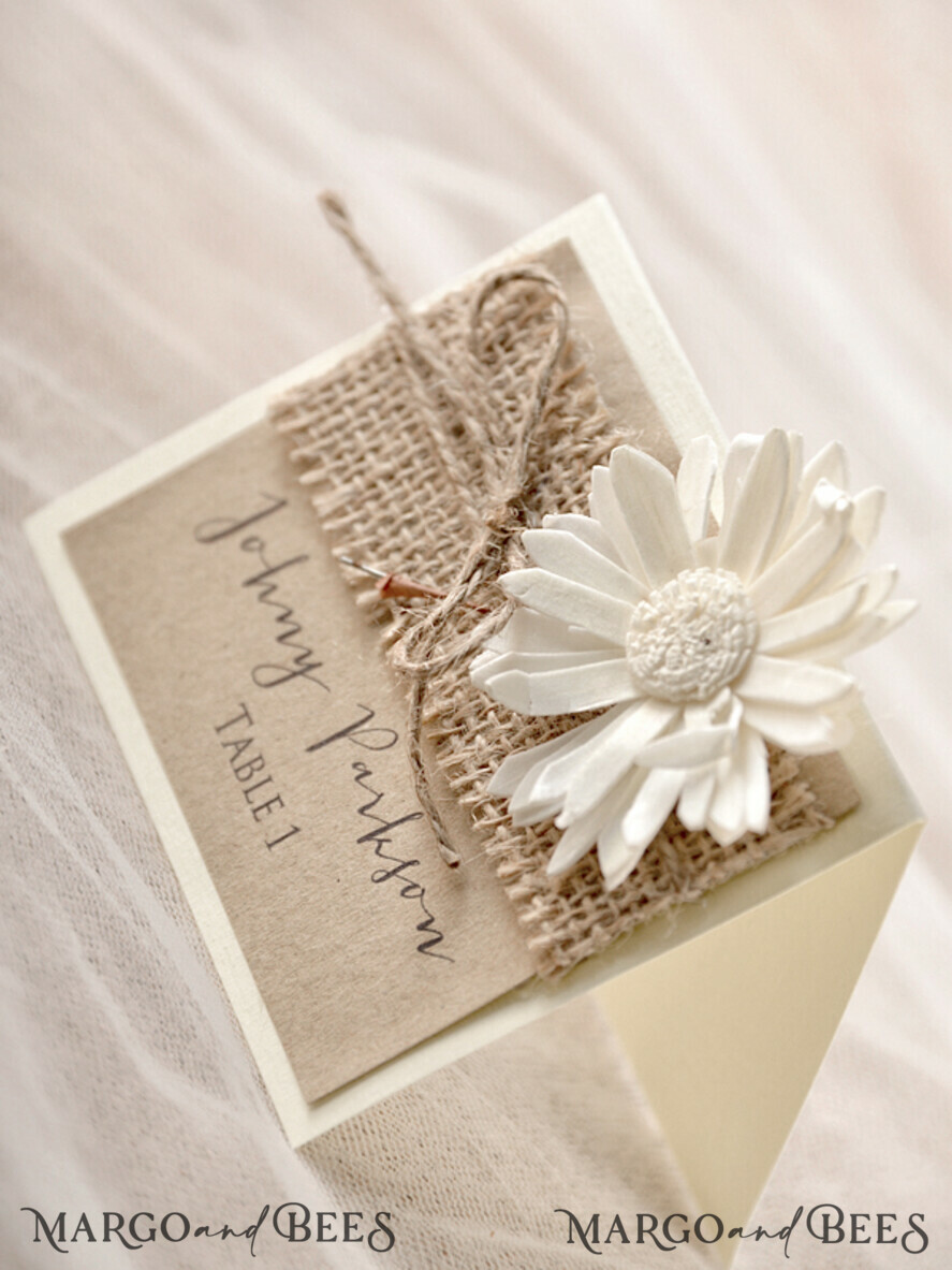 PLACE CARDS / TABLE CARDS Rustic Eco Wedding Place cards Romantic Eco Brown Wedding Place Cards, Ivory Name Tag with White Flower and Burlap Twine, Rustic Wedding Stationery, Elegant Wedding Place Cards, Editable Text