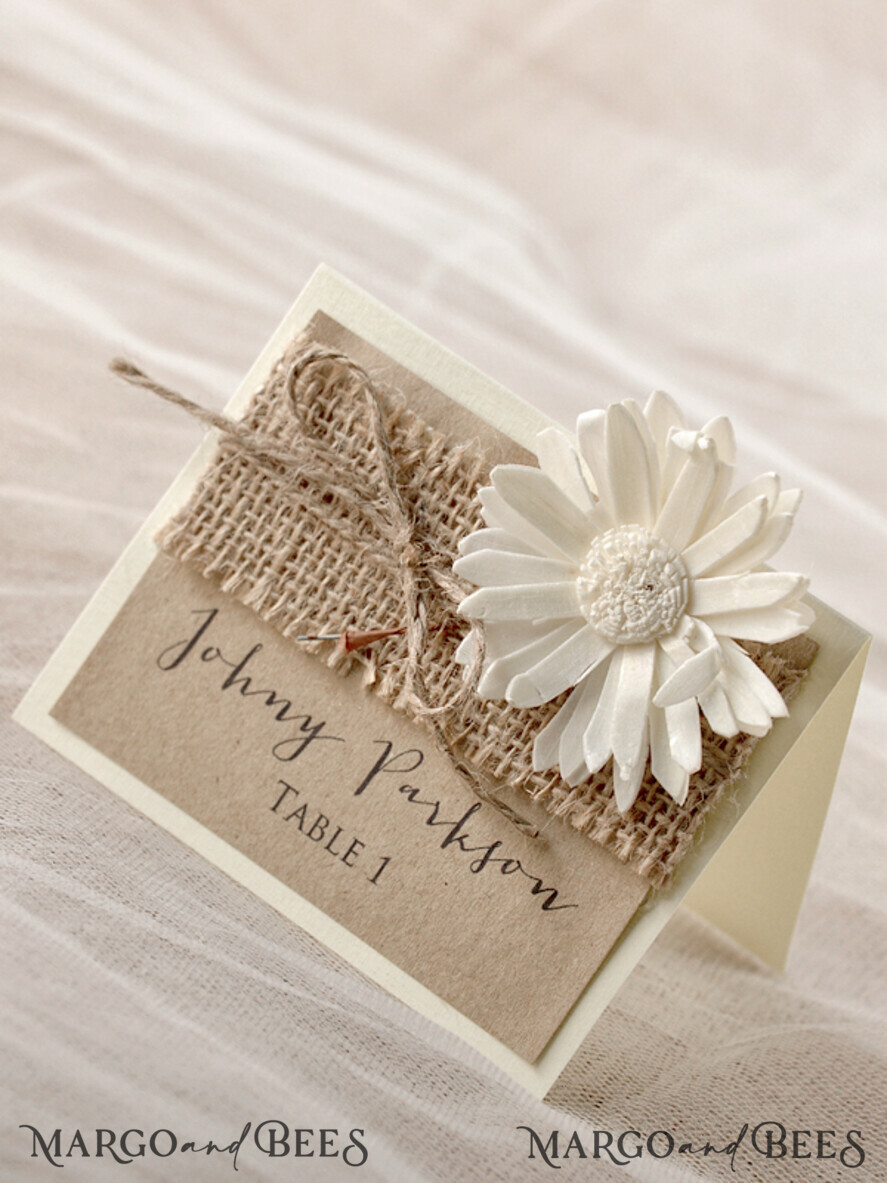 PLACE CARDS / TABLE CARDS Rustic Eco Wedding Place cards Romantic Eco Brown Wedding Place Cards, Ivory Name Tag with White Flower and Burlap Twine, Rustic Wedding Stationery, Elegant Wedding Place Cards, Editable Text