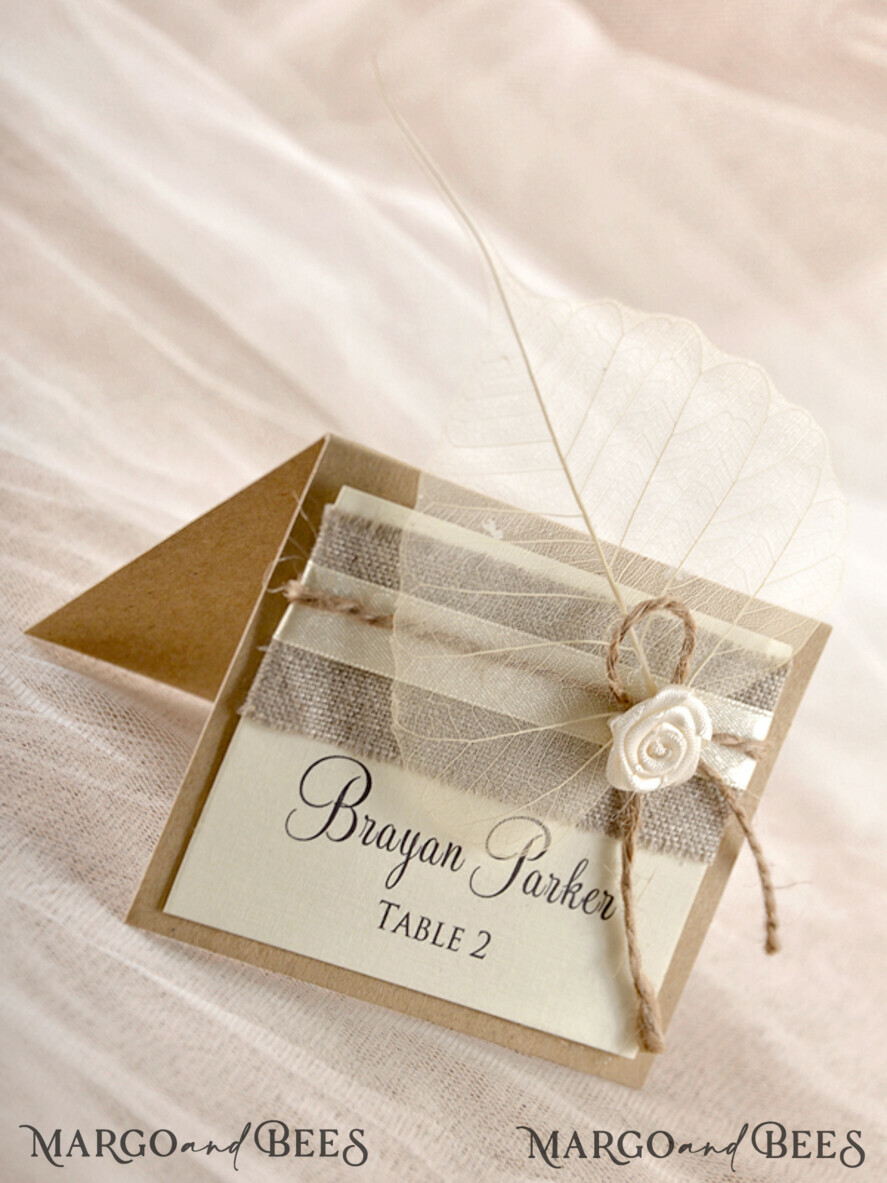 PLACE CARDS / TABLE CARDS Rustic Eco Wedding Place cards Elegant Eco Brown Wedding Place Cards with White Rose, Ivory Wedding Name Tags with Brown Burlap Twine and Dried Leaf, Rustin Wedding Stationery, Editable Text