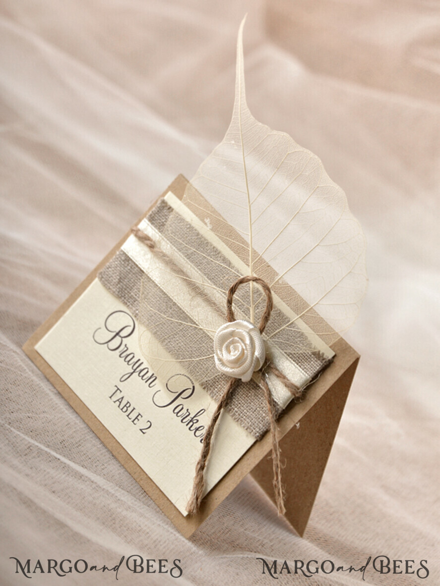 PLACE CARDS / TABLE CARDS Rustic Eco Wedding Place cards Elegant Eco Brown Wedding Place Cards with White Rose, Ivory Wedding Name Tags with Brown Burlap Twine and Dried Leaf, Rustin Wedding Stationery, Editable Text