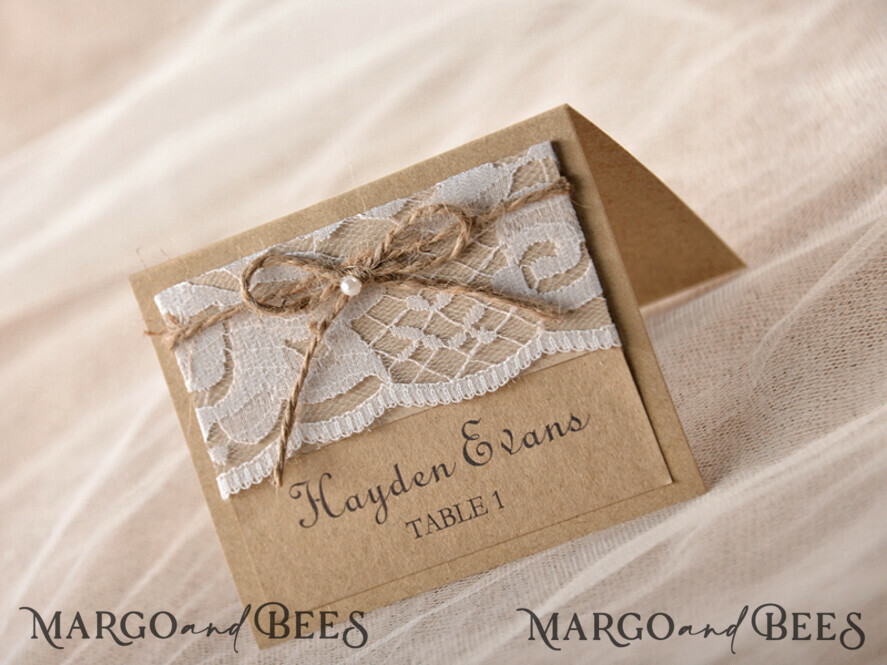 PLACE CARDS / TABLE CARDS Rustic Eco Wedding Place cards Simple Eco Brown Wedding Place Card, White Lace with Brown Burlap Twine, Delitace Wedding Stationery, Rustic Wedding Place Cards, Editable Text, Rustic Cards