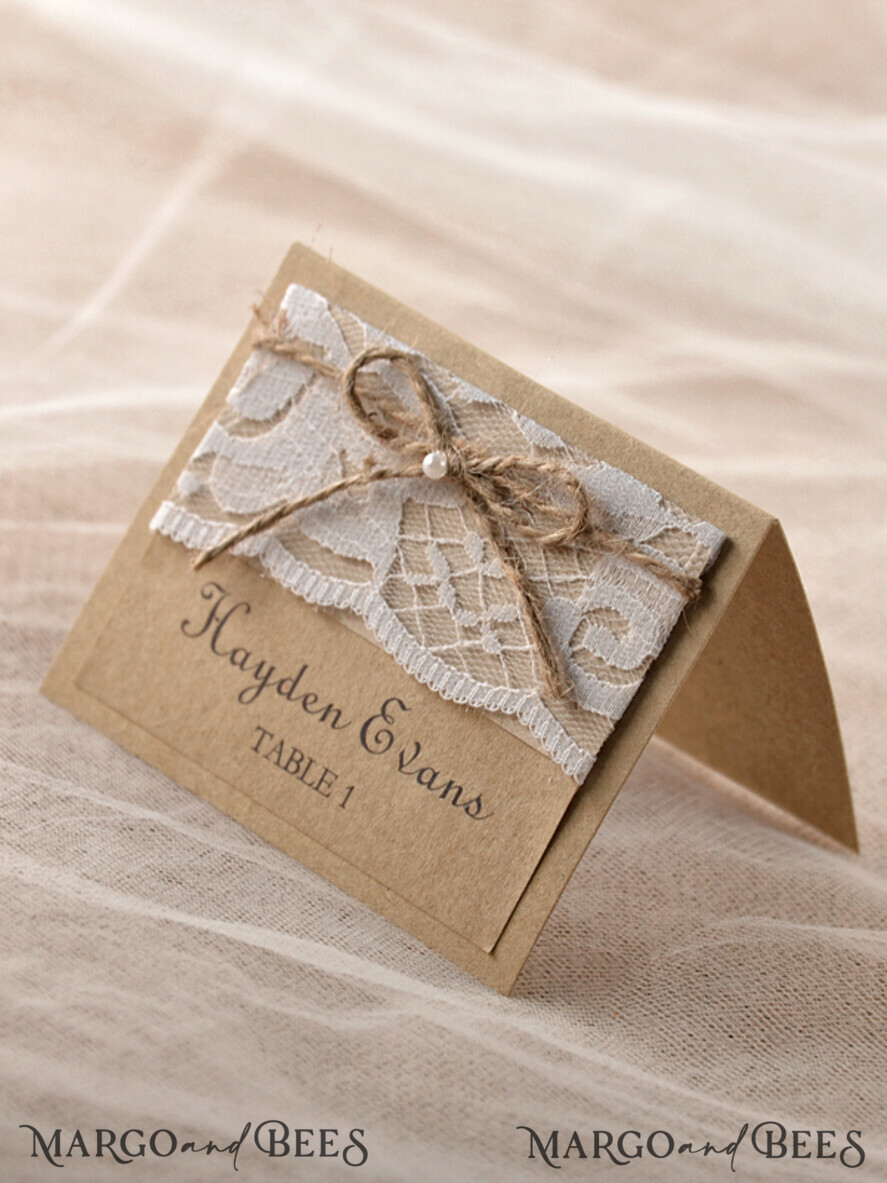 PLACE CARDS / TABLE CARDS Rustic Eco Wedding Place cards Simple Eco Brown Wedding Place Card, White Lace with Brown Burlap Twine, Delitace Wedding Stationery, Rustic Wedding Place Cards, Editable Text, Rustic Cards