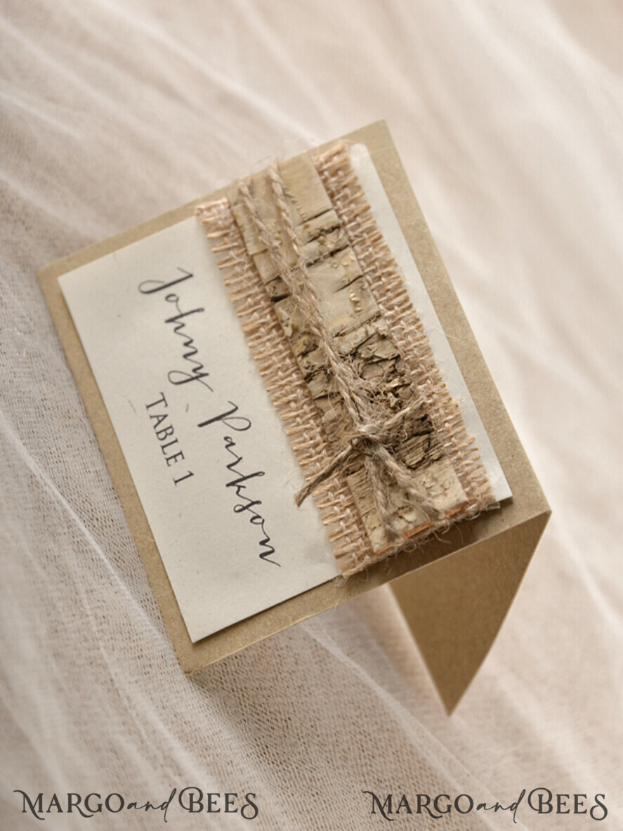 PLACE CARDS / TABLE CARDS Rustic Eco Wedding Place cards Simple Ivory Wedding Place Card, Brown Name Tags with Bark and Burlap Twine, Elegant Wedding Stationery, Rustic Wedding Place Cards, Custom Escort Cards