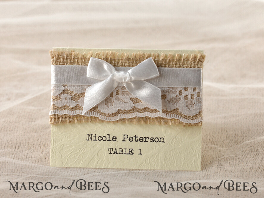 PLACE CARDS / TABLE CARDS Rustic Eco Wedding Place cards Delicate Ivory Wedding Place Card, Romantic Name Tags with Lace and White Ribbon, Elegant Wedding Stationery, Custom Wedding Escort Cards, Editable Text