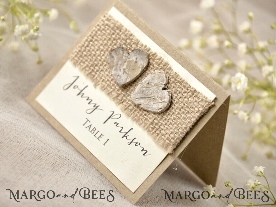 PLACE CARDS / TABLE CARDS Rustic Eco Wedding Place cards Rustic Ivory Wedding Place Cards, Natural Burlap and Wood Heart, Elegant Black Printout, Delicate Wedding Stationery, Custom Wedding Escort Cards, Editable Text