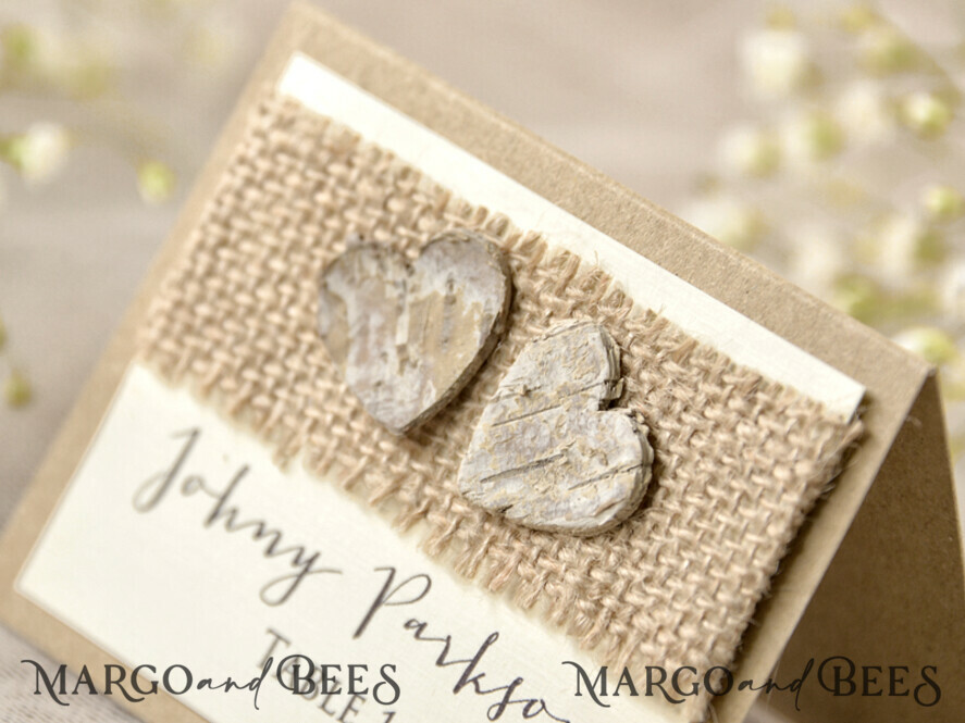 PLACE CARDS / TABLE CARDS Rustic Eco Wedding Place cards Rustic Ivory Wedding Place Cards, Natural Burlap and Wood Heart, Elegant Black Printout, Delicate Wedding Stationery, Custom Wedding Escort Cards, Editable Text