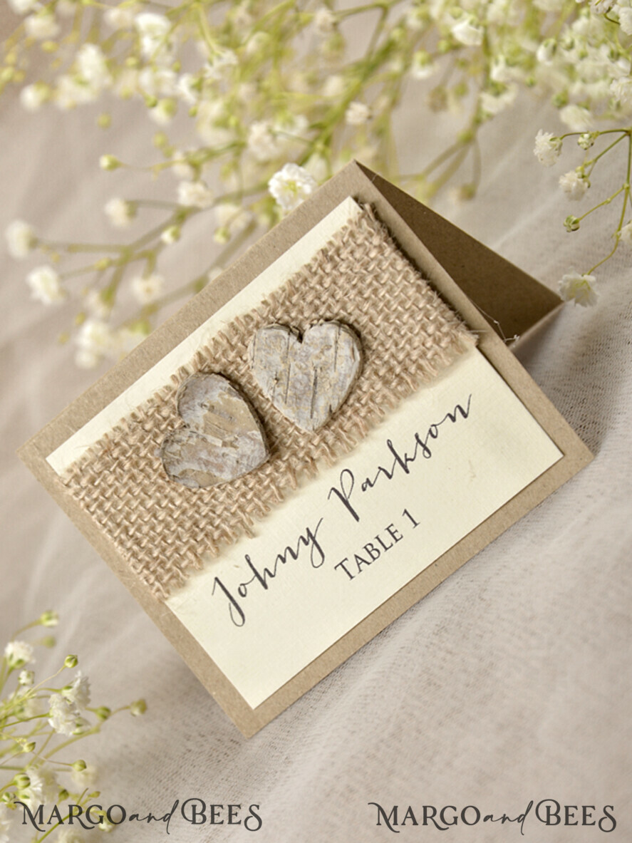 PLACE CARDS / TABLE CARDS Rustic Eco Wedding Place cards Rustic Ivory Wedding Place Cards, Natural Burlap and Wood Heart, Elegant Black Printout, Delicate Wedding Stationery, Custom Wedding Escort Cards, Editable Text