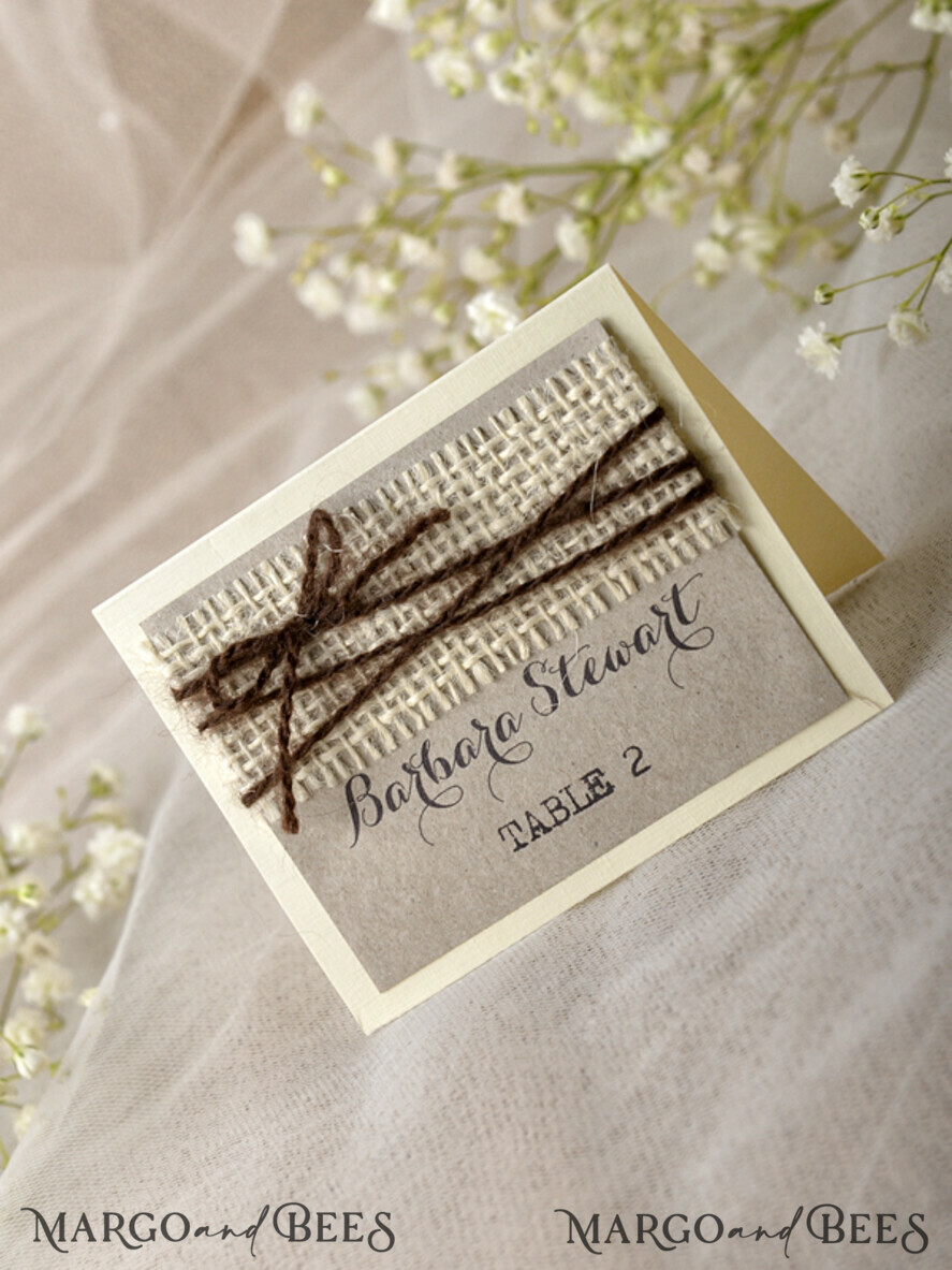 PLACE CARDS / TABLE CARDS Rustic Eco Wedding Place cards Rustic Eco Brown Wedding Place Cards, Ivory Burlap and Brown Twine, Black Printout, Delicate Wedding Stationery, Rustic Wedding Escort Card, Editable Text