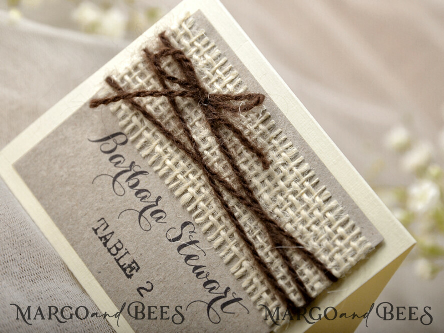 PLACE CARDS / TABLE CARDS Rustic Eco Wedding Place cards Rustic Eco Brown Wedding Place Cards, Ivory Burlap and Brown Twine, Black Printout, Delicate Wedding Stationery, Rustic Wedding Escort Card, Editable Text