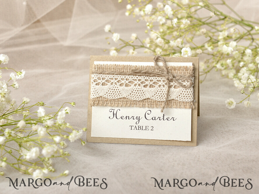 PLACE CARDS / TABLE CARDS Rustic Eco Wedding Place cards Rustic Ivory Lace Wedding Place Cards, Eco Place Cards with Burlap Twine, Elegant Black Printout, Delicate Wedding Stationery, Editable Text, Rustic Place Cards