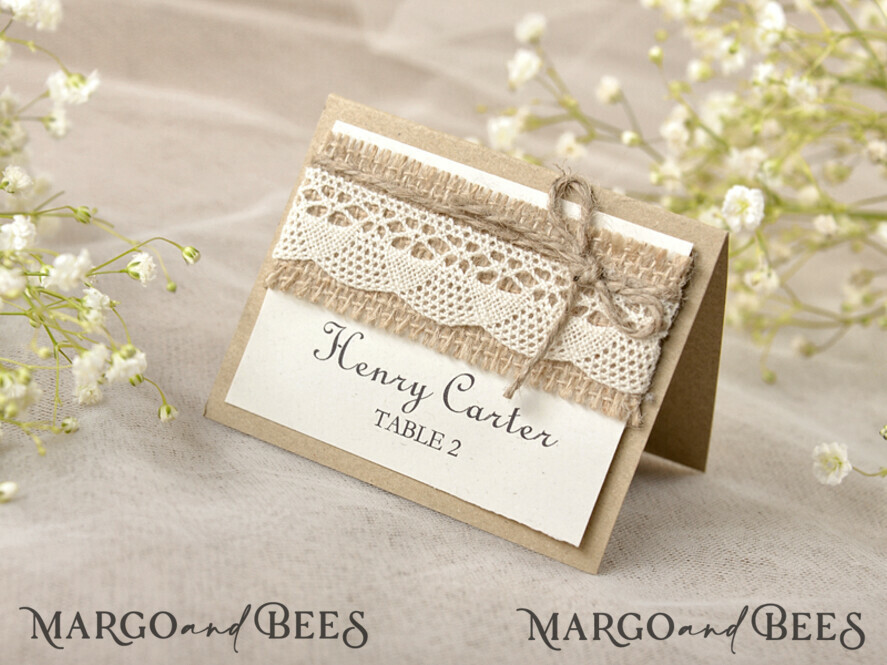 PLACE CARDS / TABLE CARDS Rustic Eco Wedding Place cards Rustic Ivory Lace Wedding Place Cards, Eco Place Cards with Burlap Twine, Elegant Black Printout, Delicate Wedding Stationery, Editable Text, Rustic Place Cards