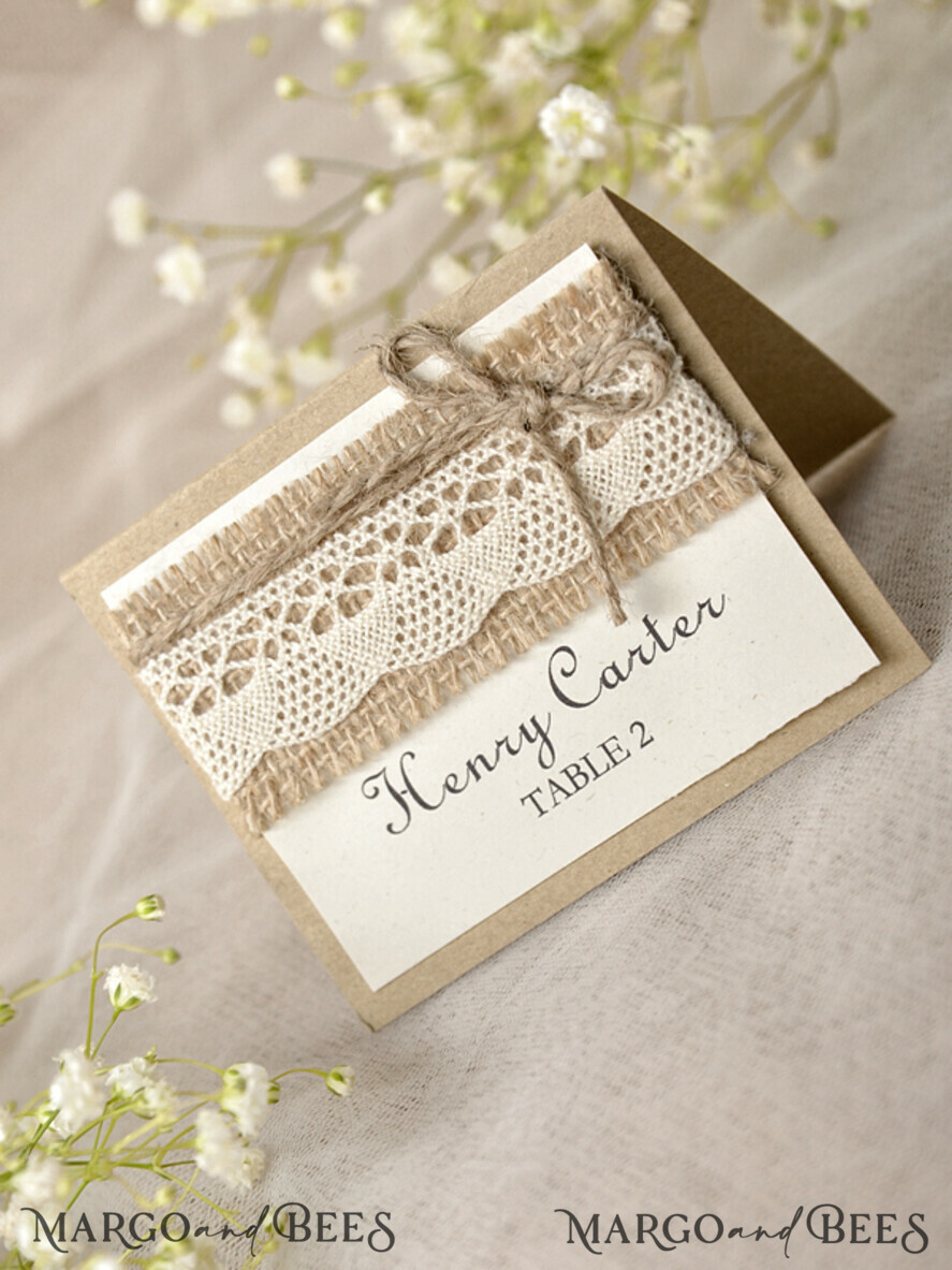 PLACE CARDS / TABLE CARDS Rustic Eco Wedding Place cards Rustic Ivory Lace Wedding Place Cards, Eco Place Cards with Burlap Twine, Elegant Black Printout, Delicate Wedding Stationery, Editable Text, Rustic Place Cards
