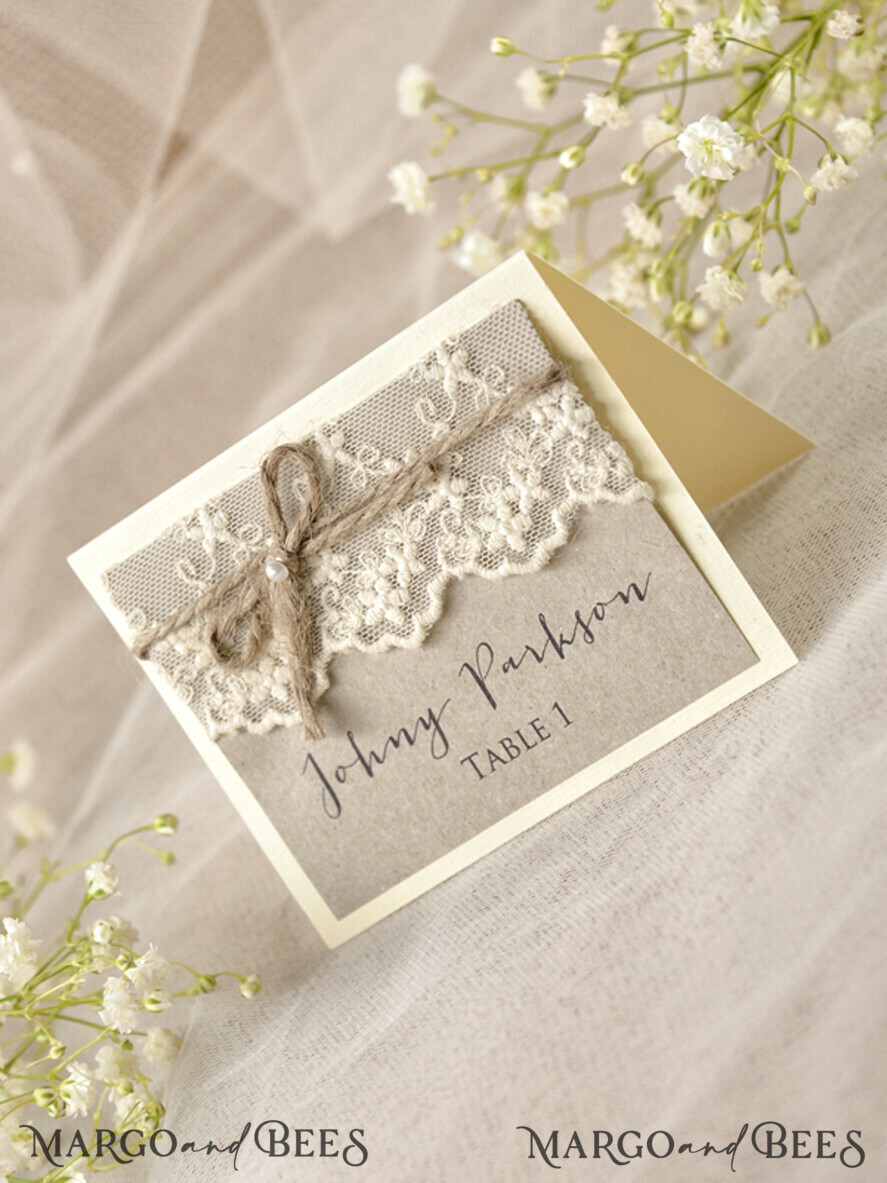 PLACE CARDS / TABLE CARDS Rustic Eco Wedding Place cards Rustic Eco Brown Wedding Place Cards, Ecru Lace with Burlap Twine, Elegant Black Printout, Delicate Wedding Stationery, Rustic Wedding Place Cars, Editable Text