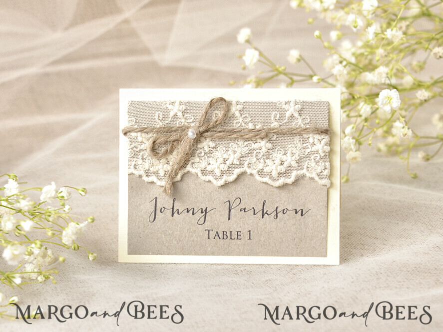 PLACE CARDS / TABLE CARDS Rustic Eco Wedding Place cards Rustic Eco Brown Wedding Place Cards, Ecru Lace with Burlap Twine, Elegant Black Printout, Delicate Wedding Stationery, Rustic Wedding Place Cars, Editable Text