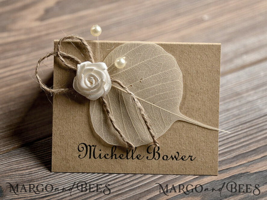 PLACE CARDS / TABLE CARDS Rustic Eco Wedding Place cards Rustic Eco Brown Wedding Place Cards, Delicate Wedding Name Tag with White Rose Decor, Burlap Twine and Dried Leaf, Unique Eco Wedding Stationery, Editable Text