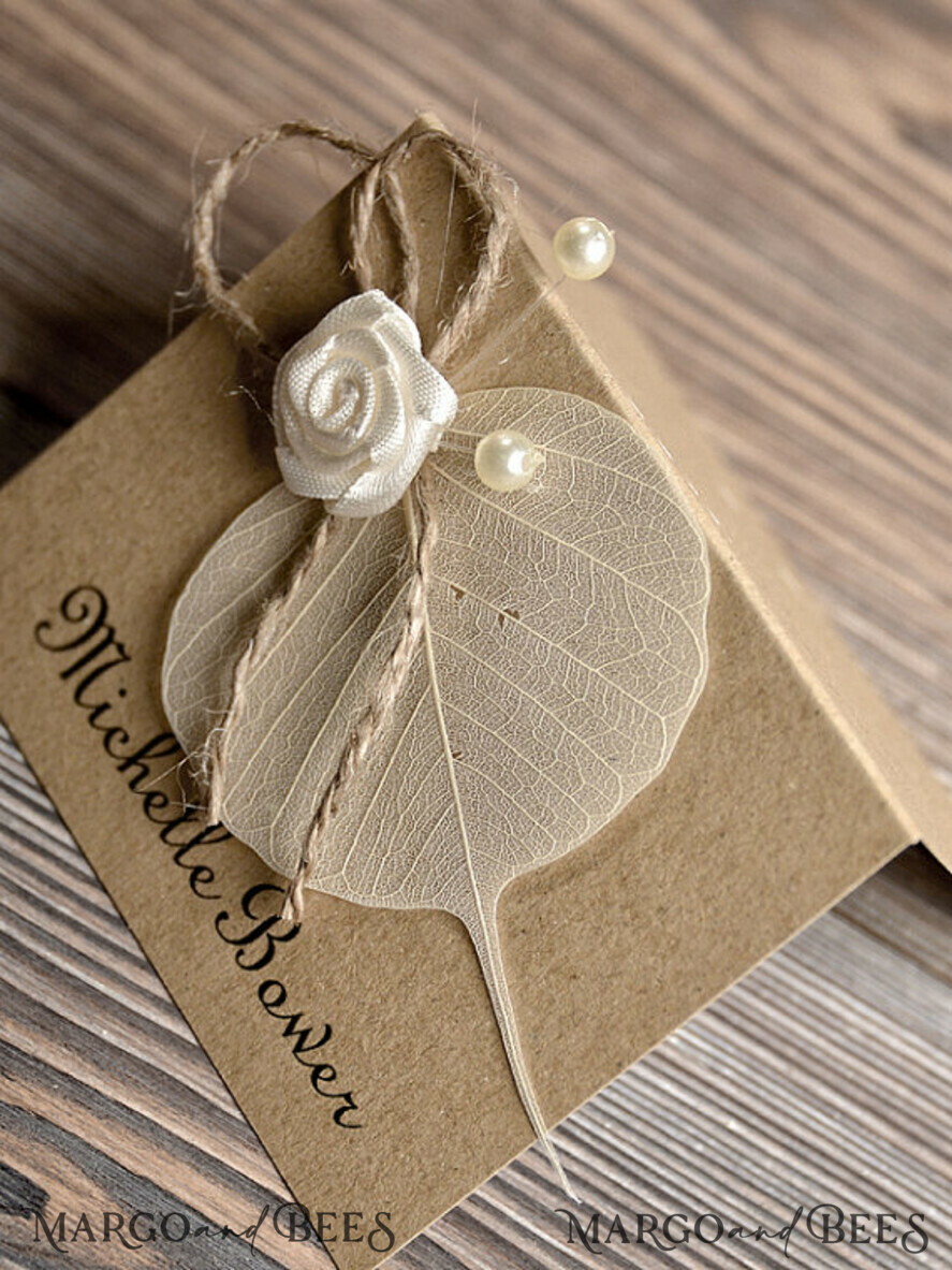 PLACE CARDS / TABLE CARDS Rustic Eco Wedding Place cards Rustic Eco Brown Wedding Place Cards, Delicate Wedding Name Tag with White Rose Decor, Burlap Twine and Dried Leaf, Unique Eco Wedding Stationery, Editable Text