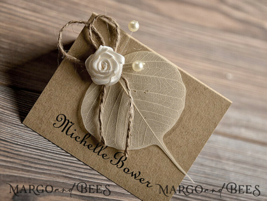 PLACE CARDS / TABLE CARDS Rustic Eco Wedding Place cards Rustic Eco Brown Wedding Place Cards, Delicate Wedding Name Tag with White Rose Decor, Burlap Twine and Dried Leaf, Unique Eco Wedding Stationery, Editable Text