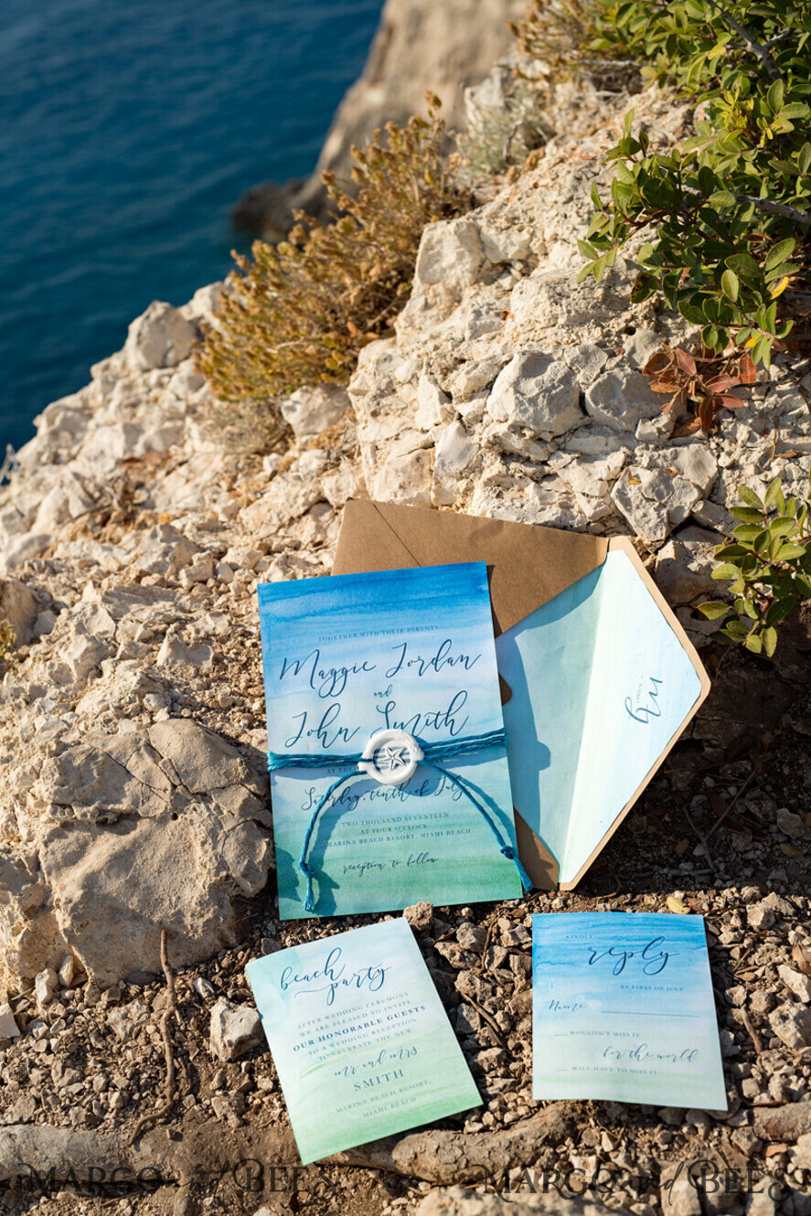 WEDDING INVITATIONS floral / boho / watercolor Watercolor beach Wedding Invitations, Minimalist Watercolor Seaside Wedding Invites, Greek Wedding Cards wih twine and wax seal