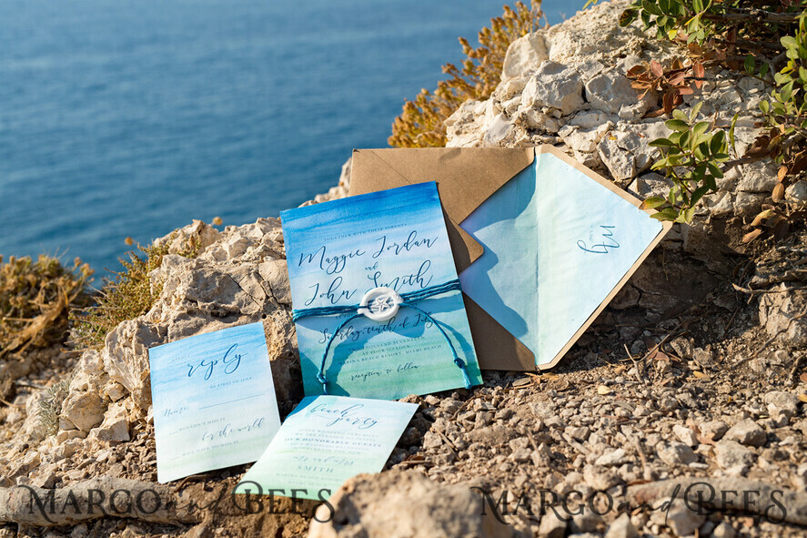WEDDING INVITATIONS floral / boho / watercolor Watercolor beach Wedding Invitations, Minimalist Watercolor Seaside Wedding Invites, Greek Wedding Cards wih twine and wax seal