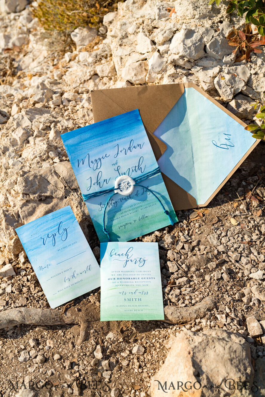 WEDDING INVITATIONS floral / boho / watercolor Watercolor beach Wedding Invitations, Minimalist Watercolor Seaside Wedding Invites, Greek Wedding Cards wih twine and wax seal