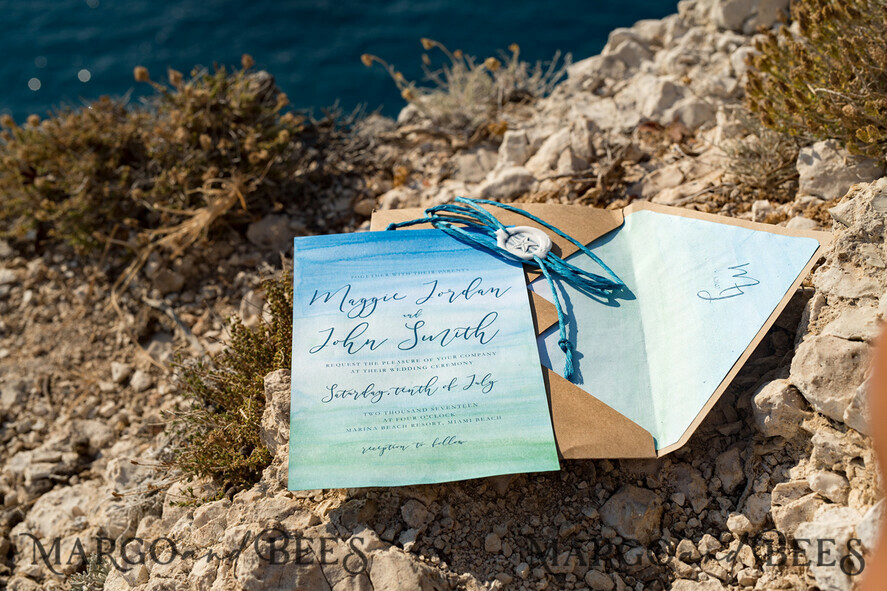 WEDDING INVITATIONS floral / boho / watercolor Watercolor beach Wedding Invitations, Minimalist Watercolor Seaside Wedding Invites, Greek Wedding Cards wih twine and wax seal