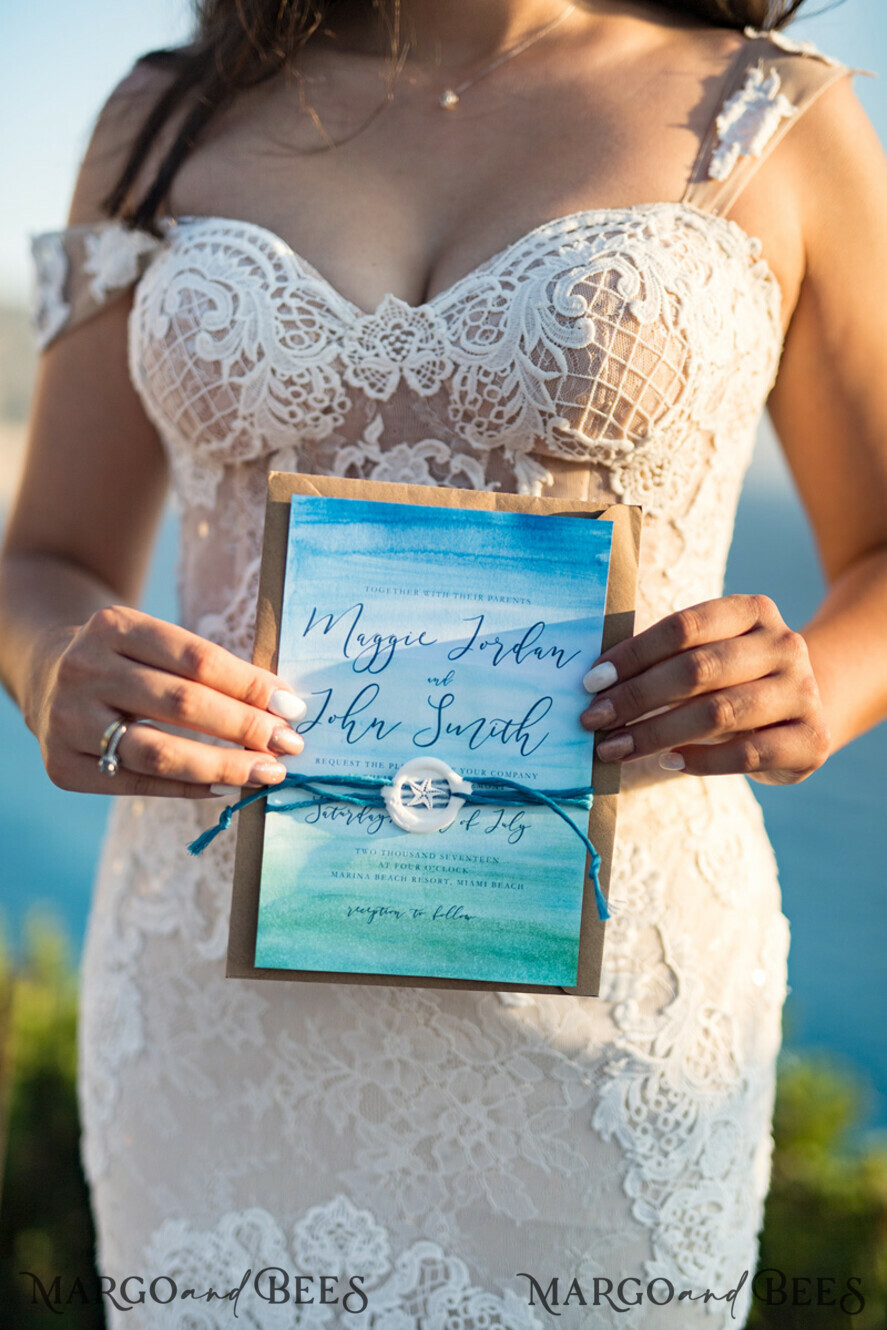 WEDDING INVITATIONS floral / boho / watercolor Watercolor beach Wedding Invitations, Minimalist Watercolor Seaside Wedding Invites, Greek Wedding Cards wih twine and wax seal