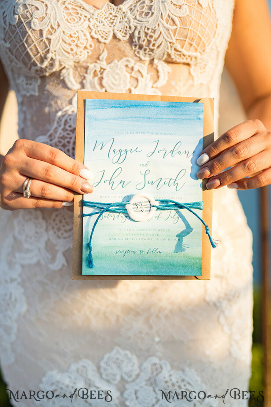 WEDDING INVITATIONS floral / boho / watercolor Watercolor beach Wedding Invitations, Minimalist Watercolor Seaside Wedding Invites, Greek Wedding Cards wih twine and wax seal