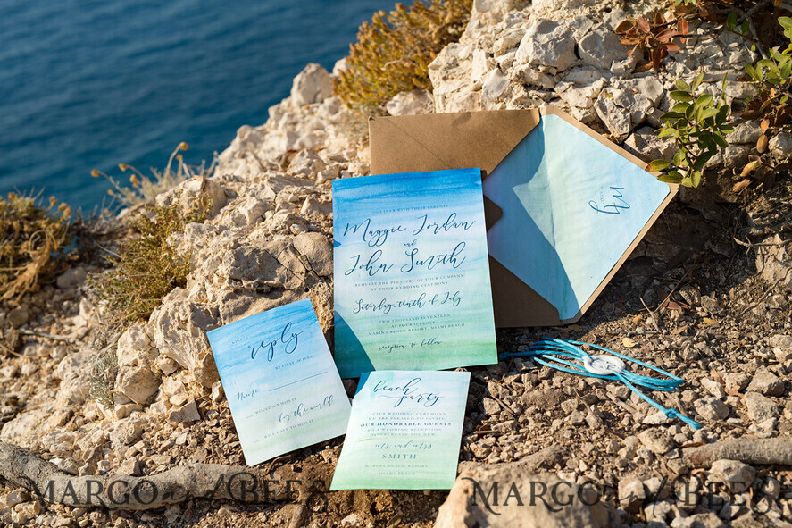 WEDDING INVITATIONS floral / boho / watercolor Watercolor beach Wedding Invitations, Minimalist Watercolor Seaside Wedding Invites, Greek Wedding Cards wih twine and wax seal