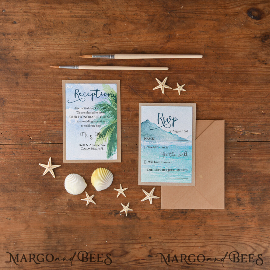 WEDDING INVITATIONS floral / boho / watercolor Tropical beach Wedding Invitations, Starfish Watercolor Seaside Wedding Invites, Mexico Wedding Cards