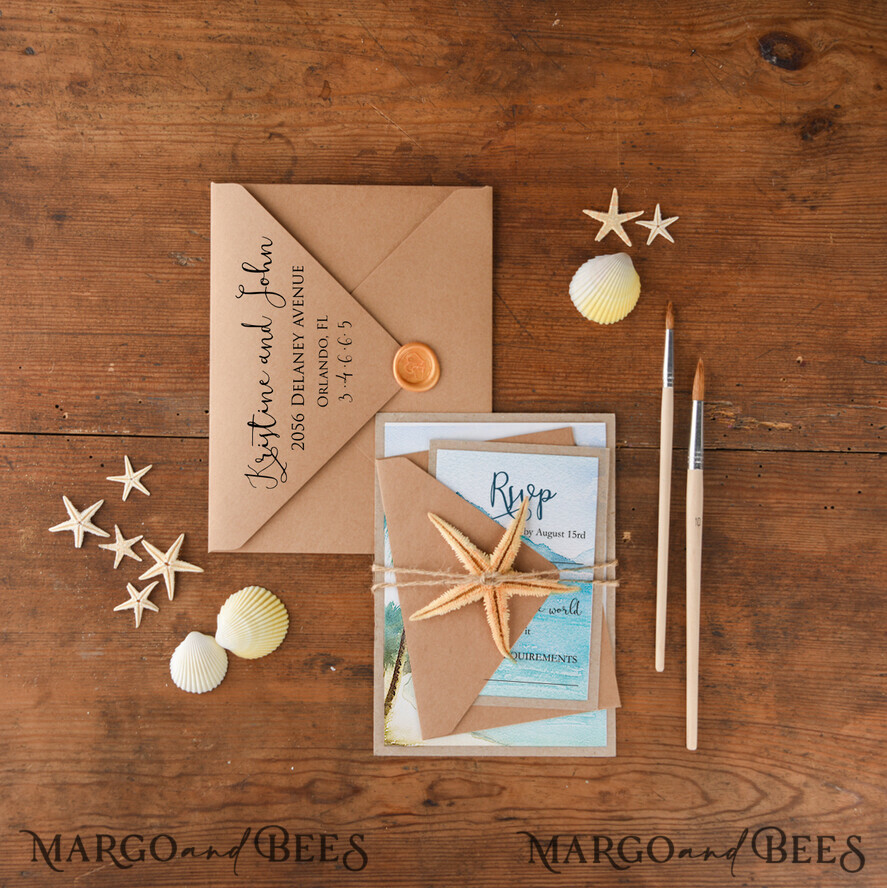 WEDDING INVITATIONS floral / boho / watercolor Tropical beach Wedding Invitations, Starfish Watercolor Seaside Wedding Invites, Mexico Wedding Cards