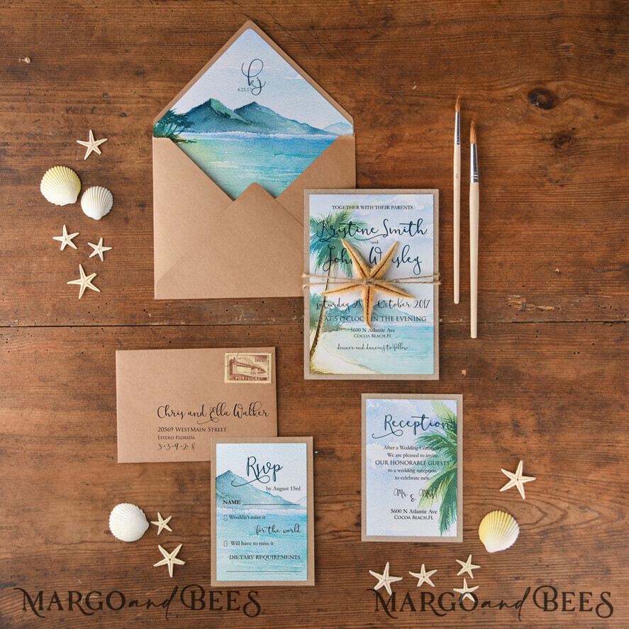 WEDDING INVITATIONS floral / boho / watercolor Tropical beach Wedding Invitations, Starfish Watercolor Seaside Wedding Invites, Mexico Wedding Cards