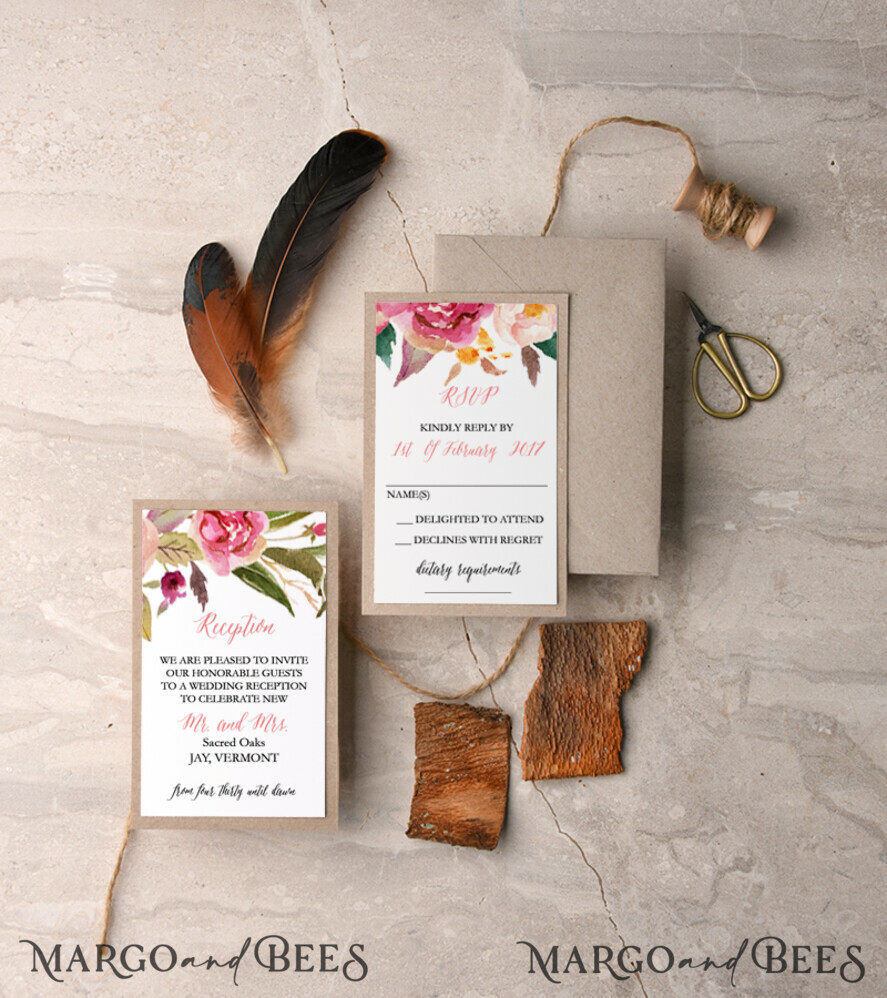 WEDDING INVITATIONS floral / boho / watercolor Custom wedding invitation, colorful romantic stationery, eco