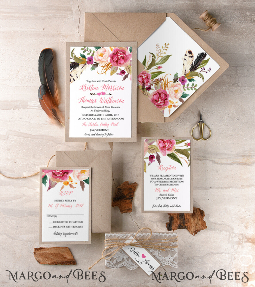 WEDDING INVITATIONS floral / boho / watercolor Custom wedding invitation, colorful romantic stationery, eco