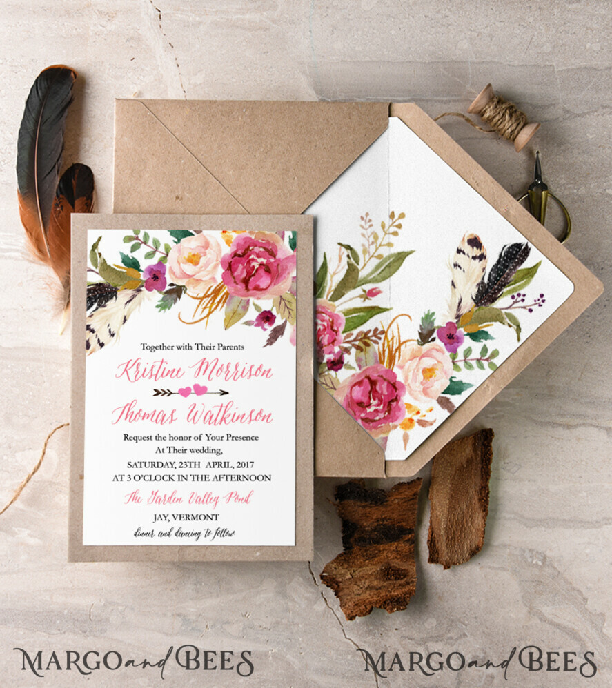WEDDING INVITATIONS floral / boho / watercolor Custom wedding invitation, colorful romantic stationery, eco