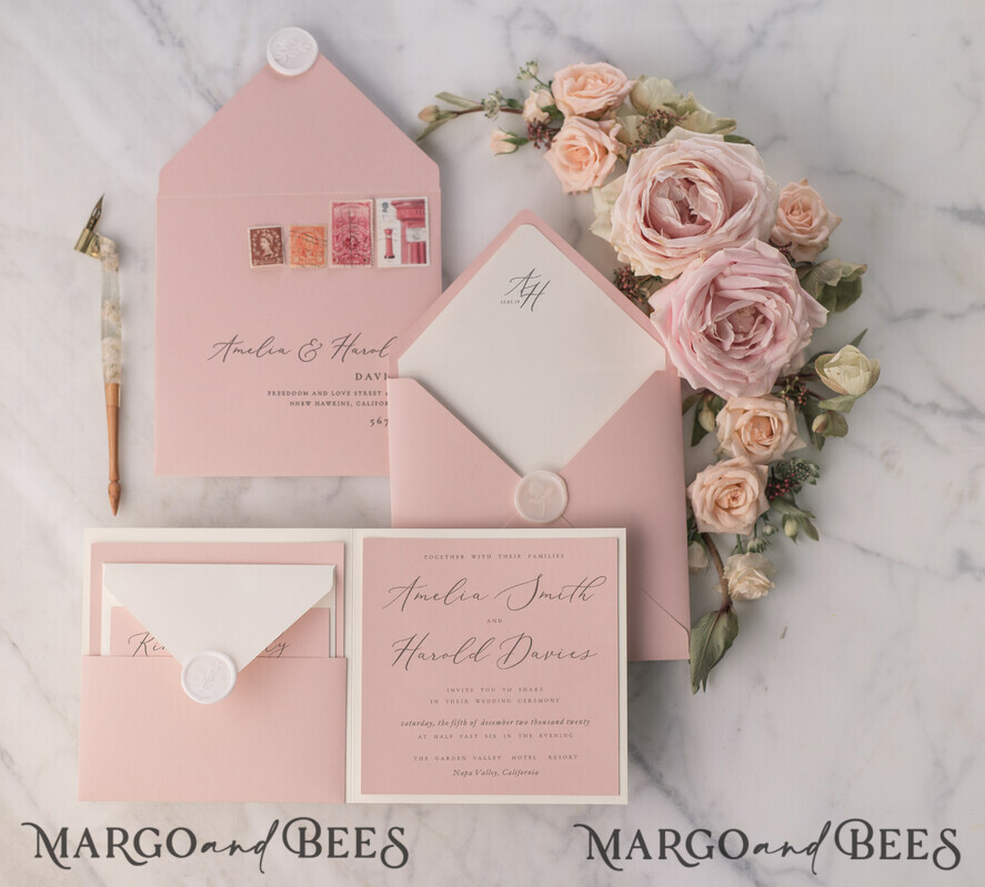 WEDDING INVITATIONS vintage lace/ rustic lace Elegant Lace Wedding Invitations Personalised Stationery Ivory and Blush Pink