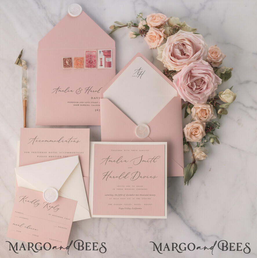 WEDDING INVITATIONS vintage lace/ rustic lace Elegant Lace Wedding Invitations Personalised Stationery Ivory and Blush Pink