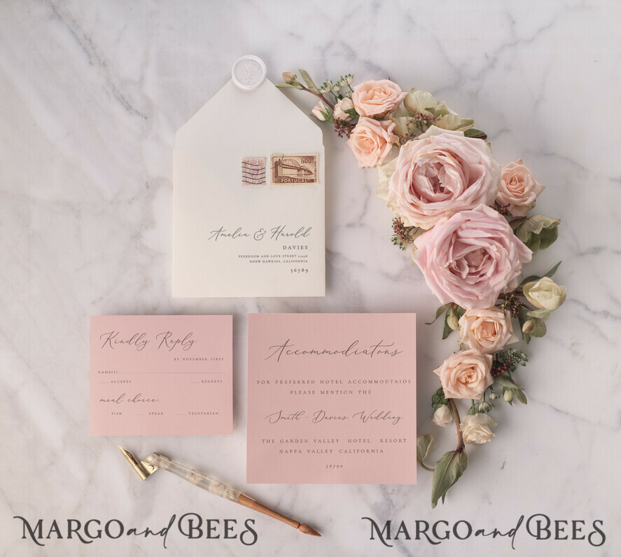 WEDDING INVITATIONS vintage lace/ rustic lace Elegant Lace Wedding Invitations Personalised Stationery Ivory and Blush Pink