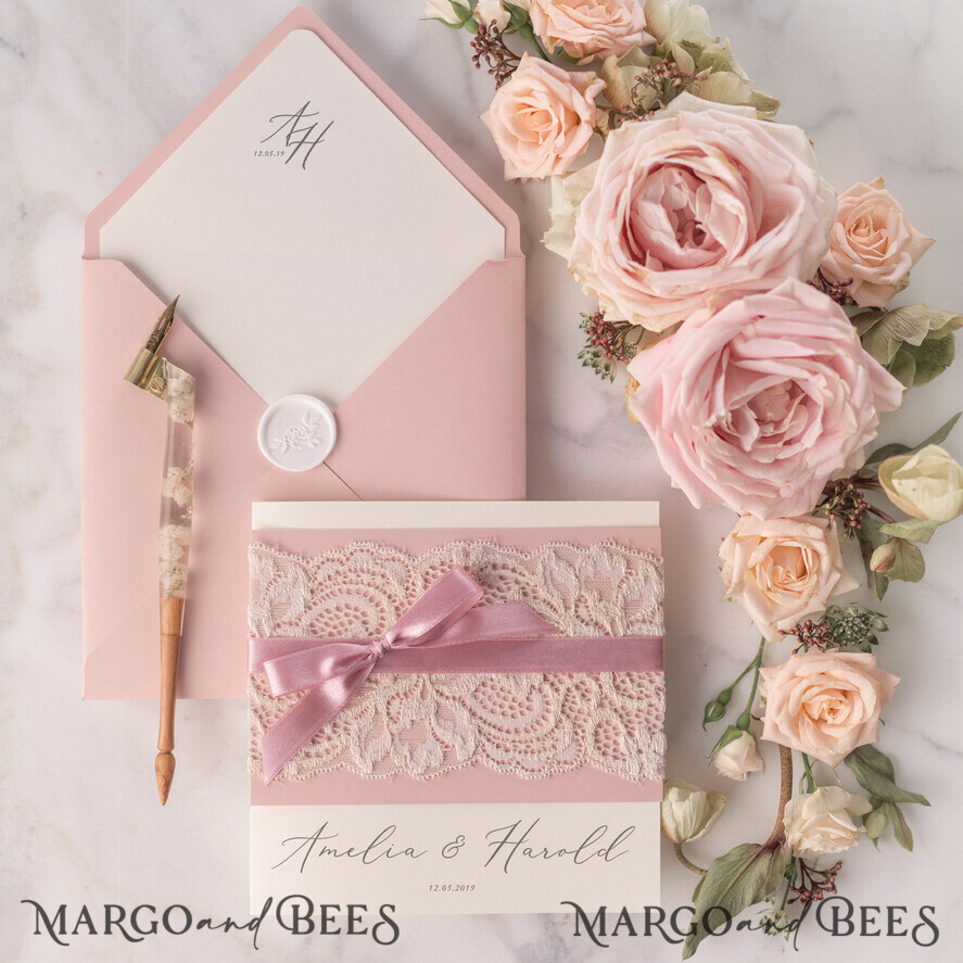 WEDDING INVITATIONS vintage lace/ rustic lace Elegant Lace Wedding Invitations Personalised Stationery Ivory and Blush Pink