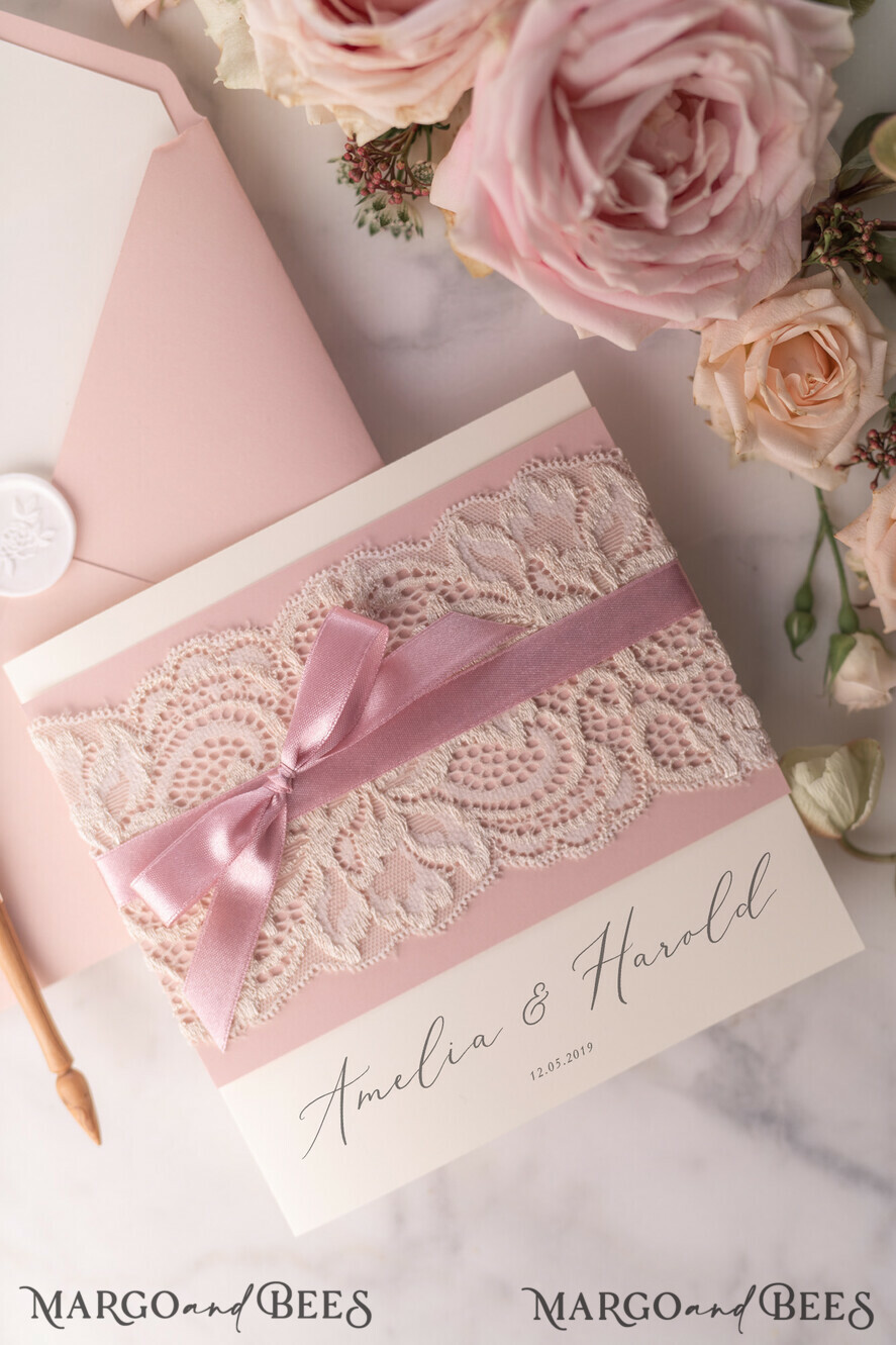 WEDDING INVITATIONS vintage lace/ rustic lace Elegant Lace Wedding Invitations Personalised Stationery Ivory and Blush Pink