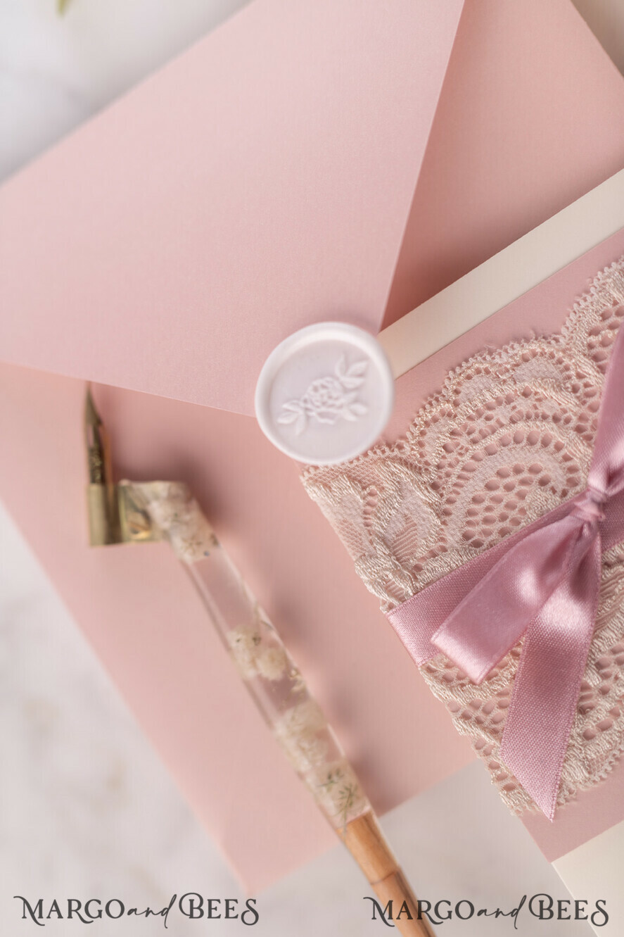WEDDING INVITATIONS vintage lace/ rustic lace Elegant Lace Wedding Invitations Personalised Stationery Ivory and Blush Pink