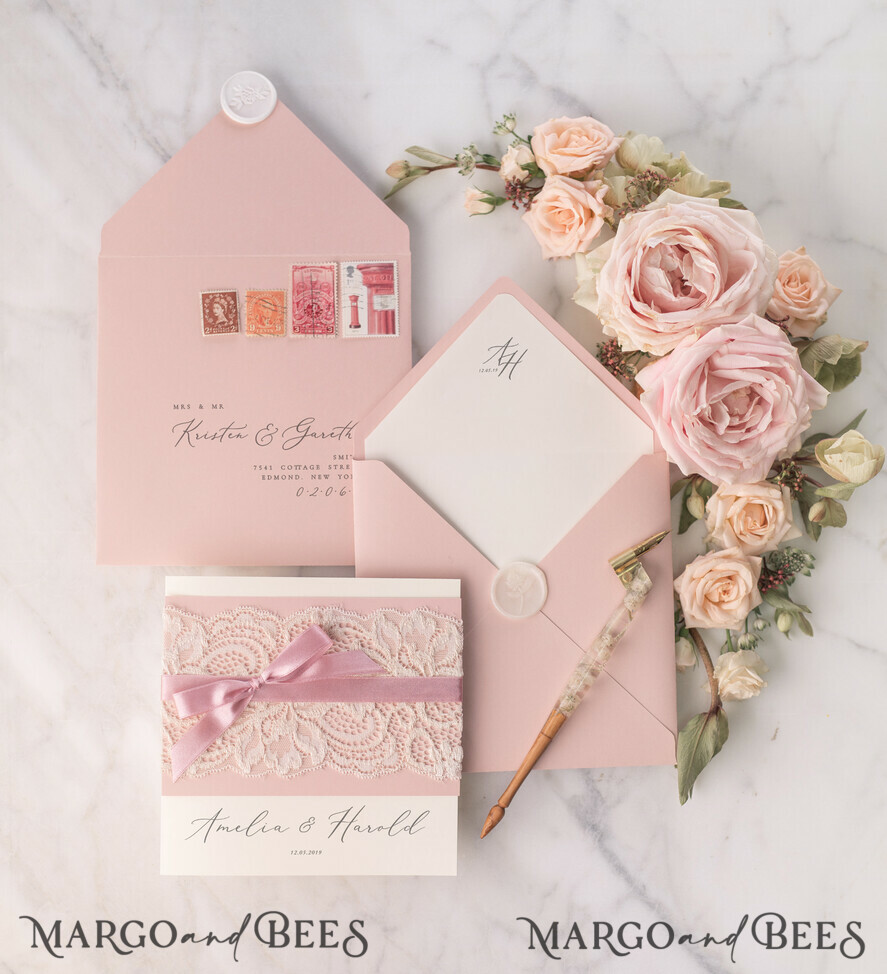 WEDDING INVITATIONS vintage lace/ rustic lace Elegant Lace Wedding Invitations Personalised Stationery Ivory and Blush Pink