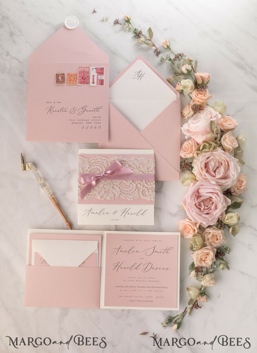 WEDDING INVITATIONS vintage lace/ rustic lace Elegant Lace Wedding Invitations Personalised Stationery Ivory and Blush Pink