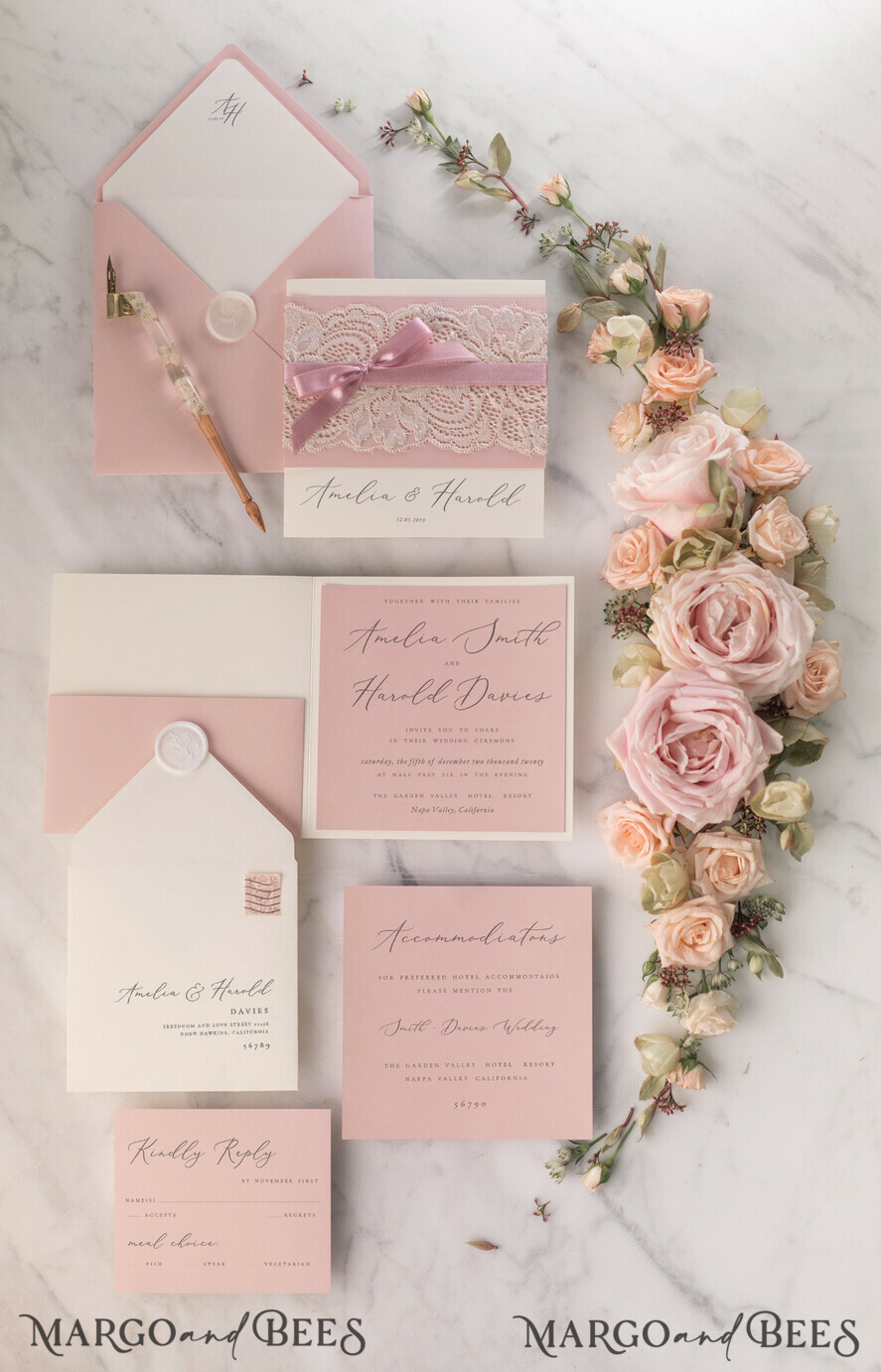 WEDDING INVITATIONS vintage lace/ rustic lace Elegant Lace Wedding Invitations Personalised Stationery Ivory and Blush Pink