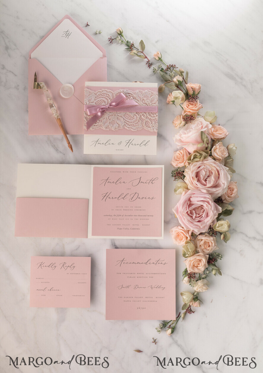 WEDDING INVITATIONS vintage lace/ rustic lace Elegant Lace Wedding Invitations Personalised Stationery Ivory and Blush Pink