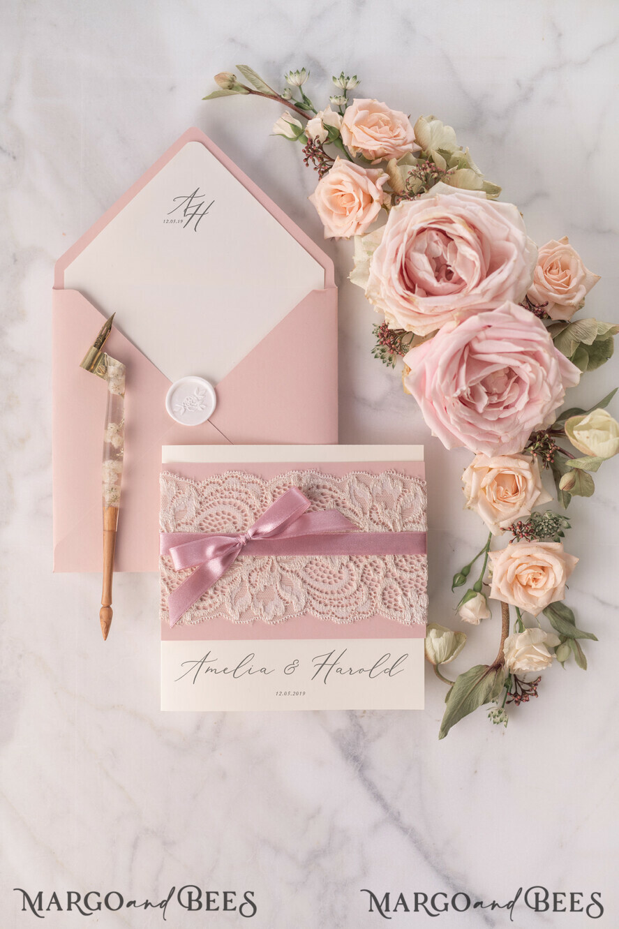 WEDDING INVITATIONS vintage lace/ rustic lace Elegant Lace Wedding Invitations Personalised Stationery Ivory and Blush Pink
