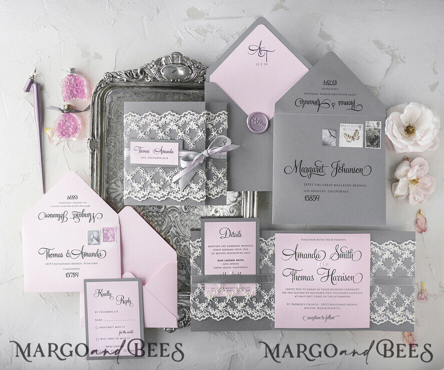 WEDDING INVITATIONS vintage lace/ rustic lace Personalised Wedding invitations lace glamour stationery gold